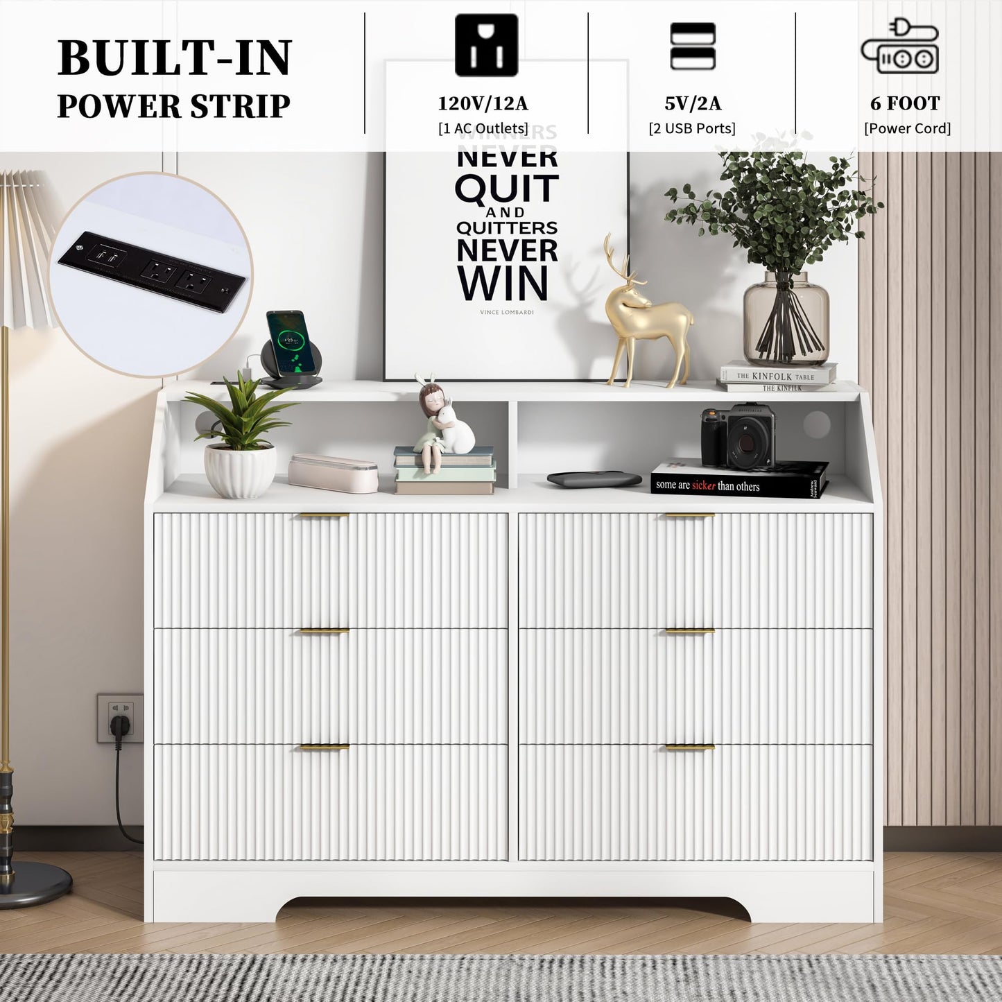 6 Drawer Dresser with Charging Station Fluted for Bedroom, Living Room