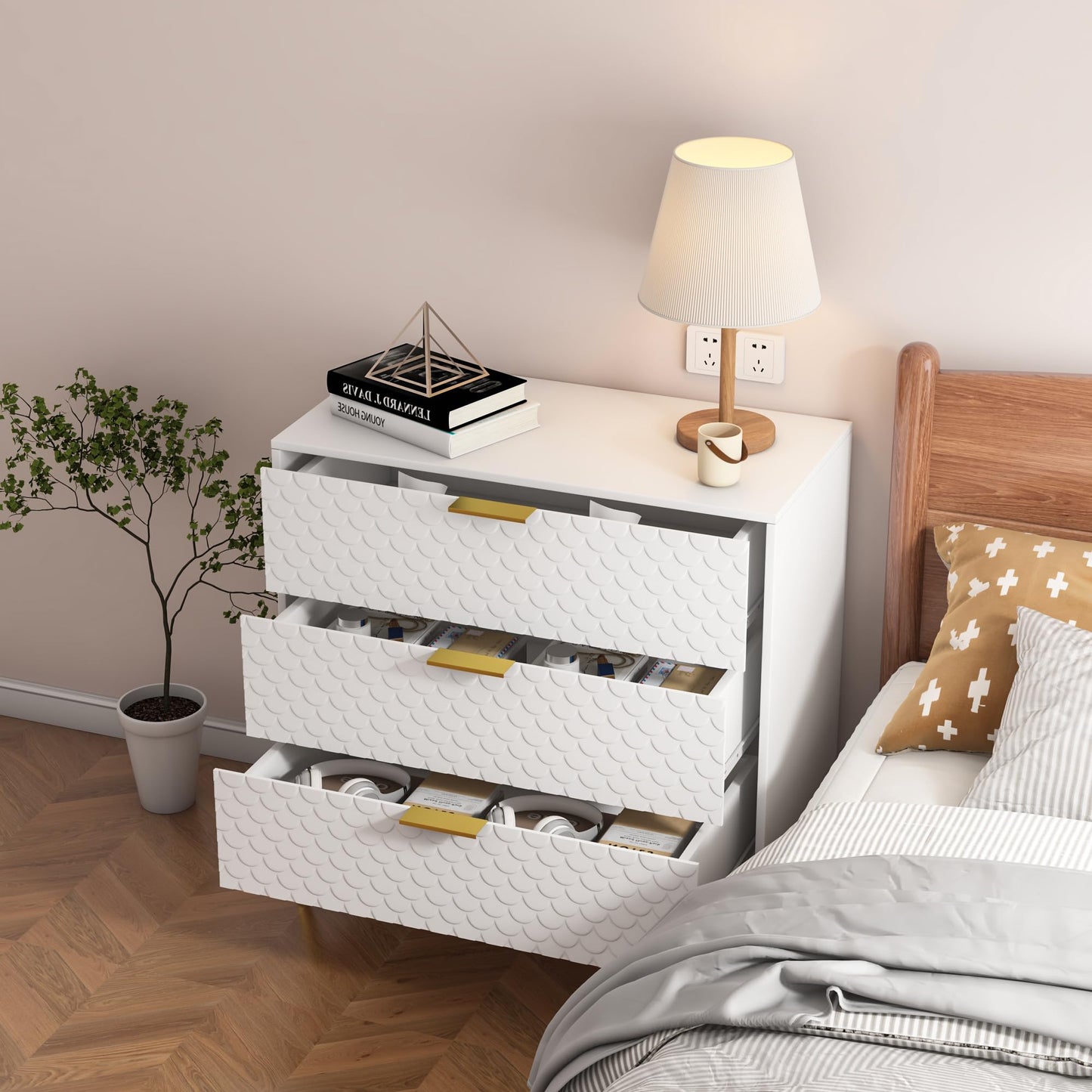 3 Drawer Dresser Cabinet Fish Scale Pattern Dresser for Living Room
