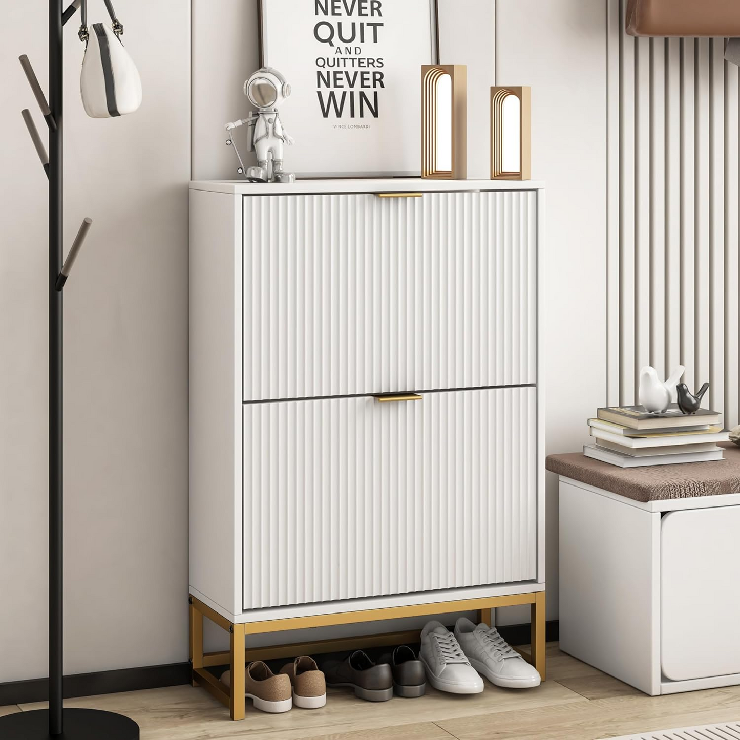 Shoe Cabinet Storage with 2 Flip Drawers Fluted Panel