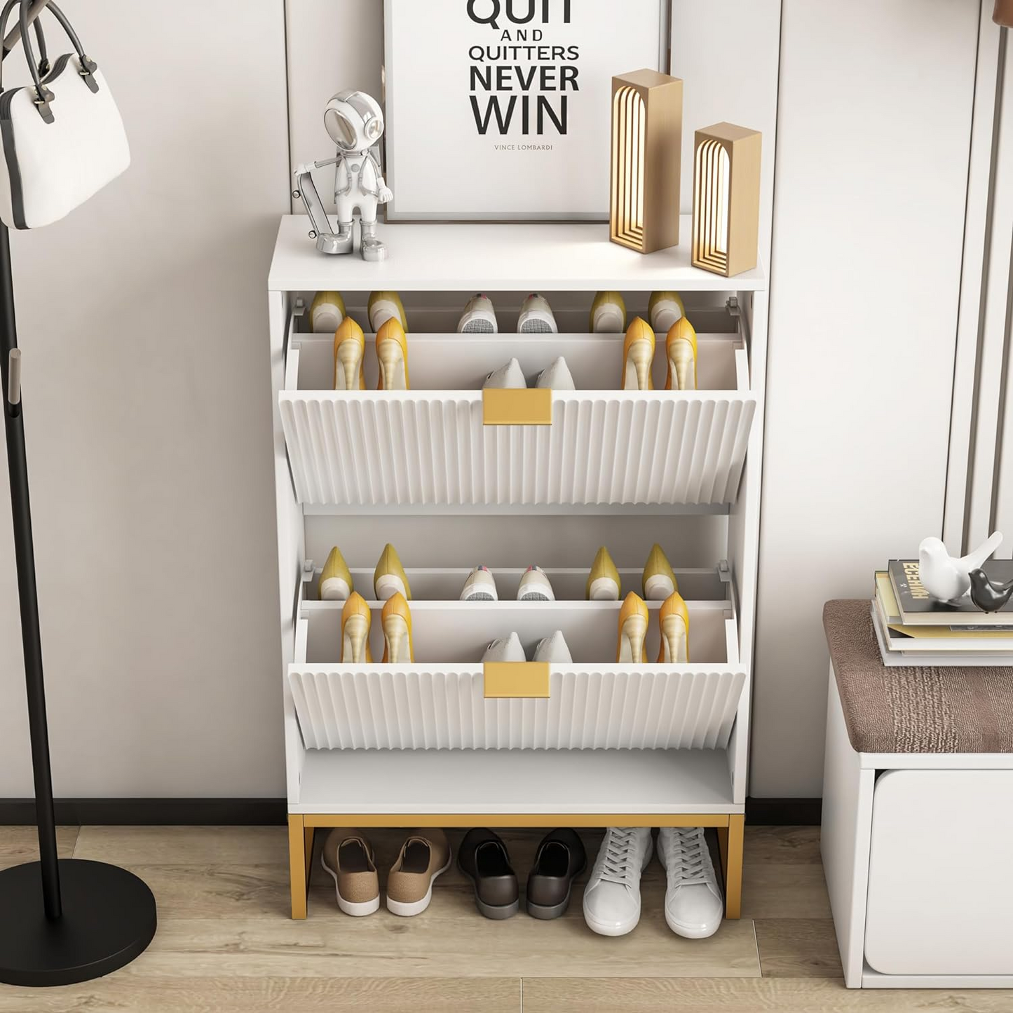 Shoe Cabinet Storage with 2 Flip Drawers Fluted Panel