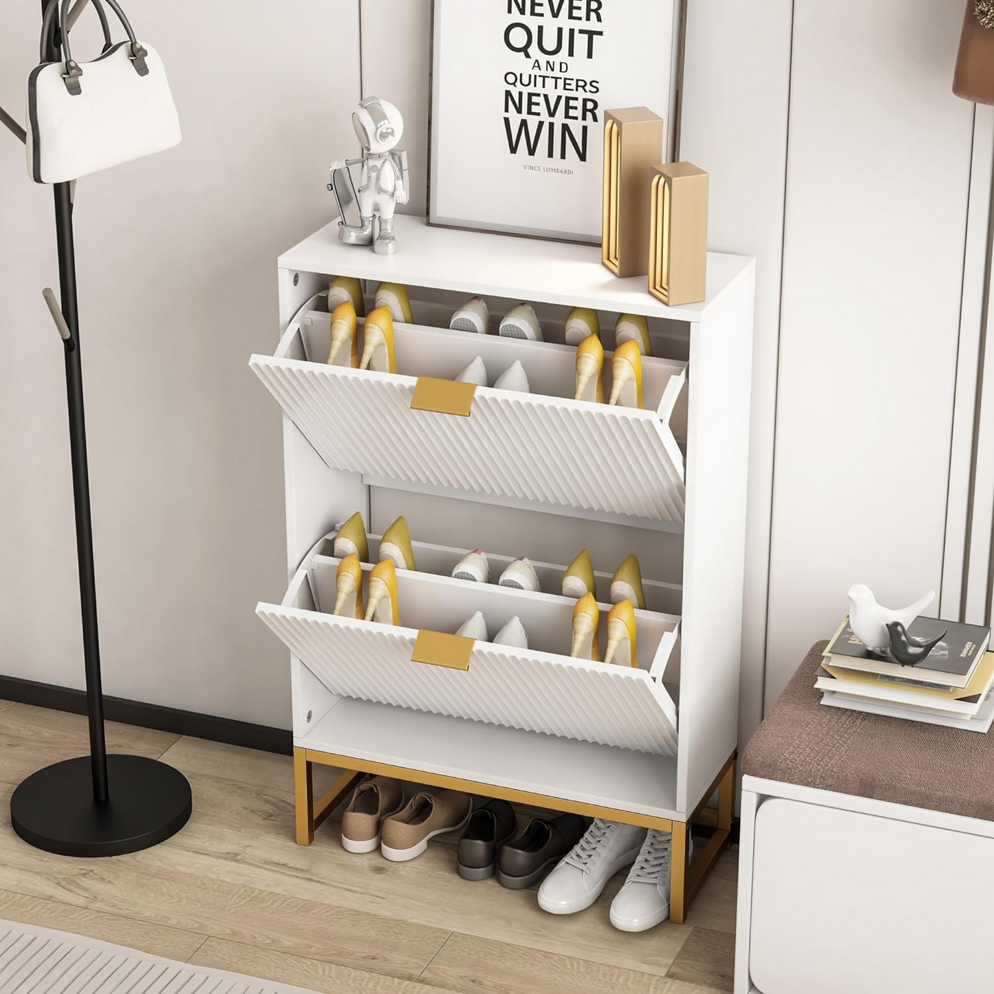 Shoe Cabinet Storage with 2 Flip Drawers Fluted Panel