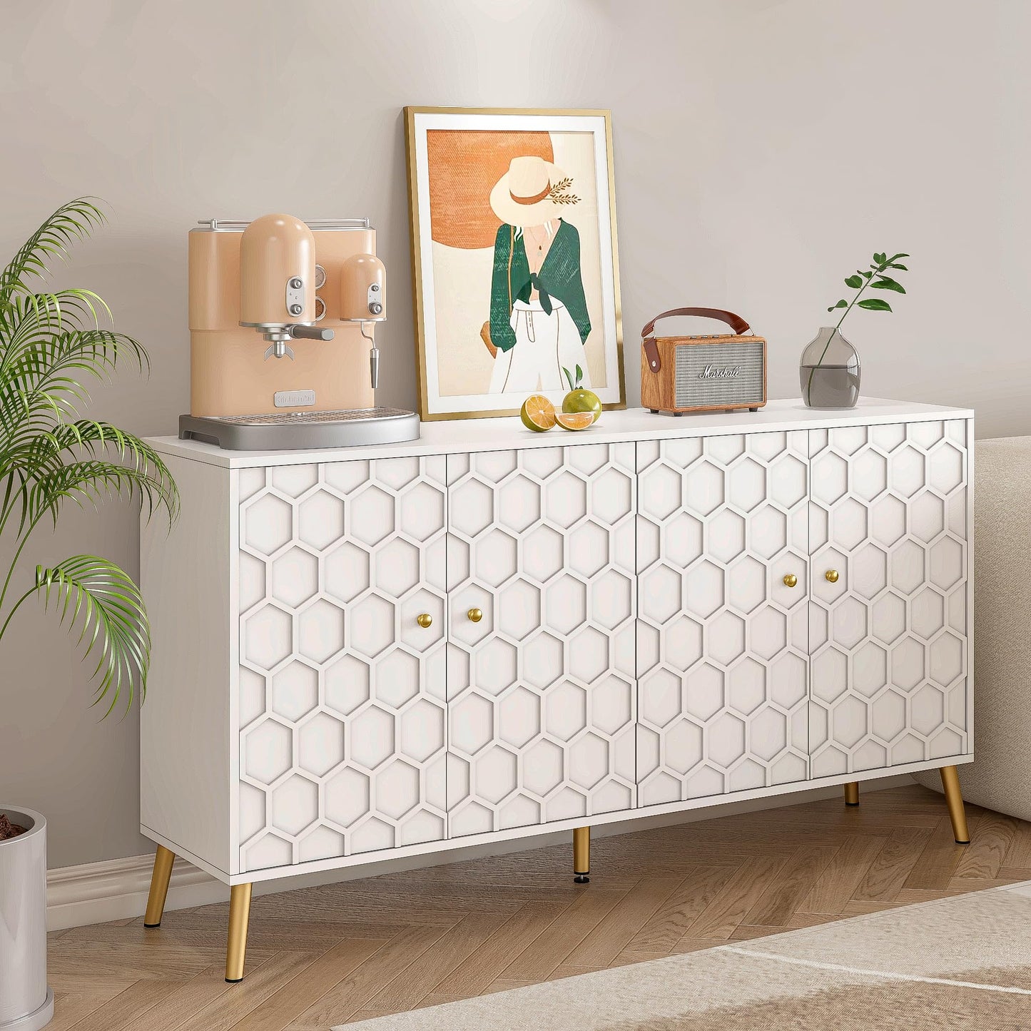 Modern Buffet Sideboard Storage Cabinet with Hexagon Pattern