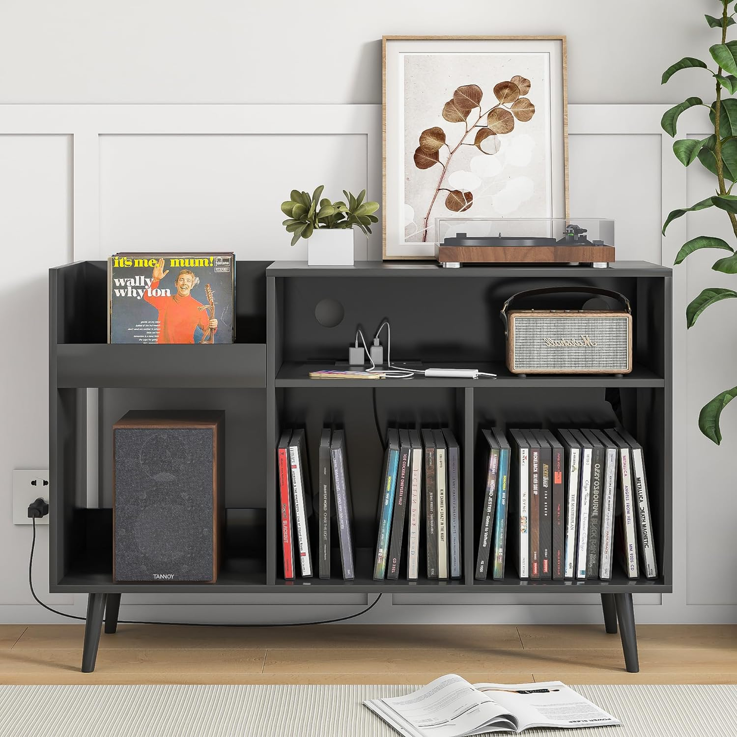 Vinyl Record Storage Cabinet with Power Outlet Stand