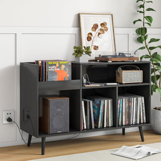 Vinyl Record Storage Cabinet with Power Outlet Stand