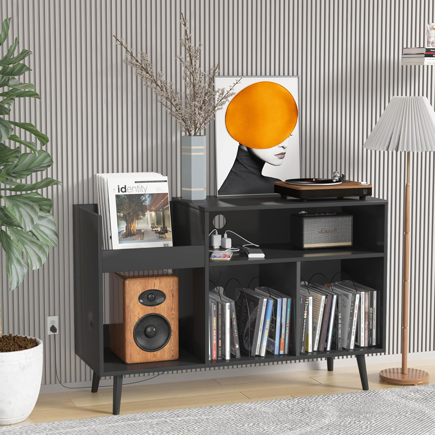 Vinyl Record Storage Cabinet with Power Outlet Stand