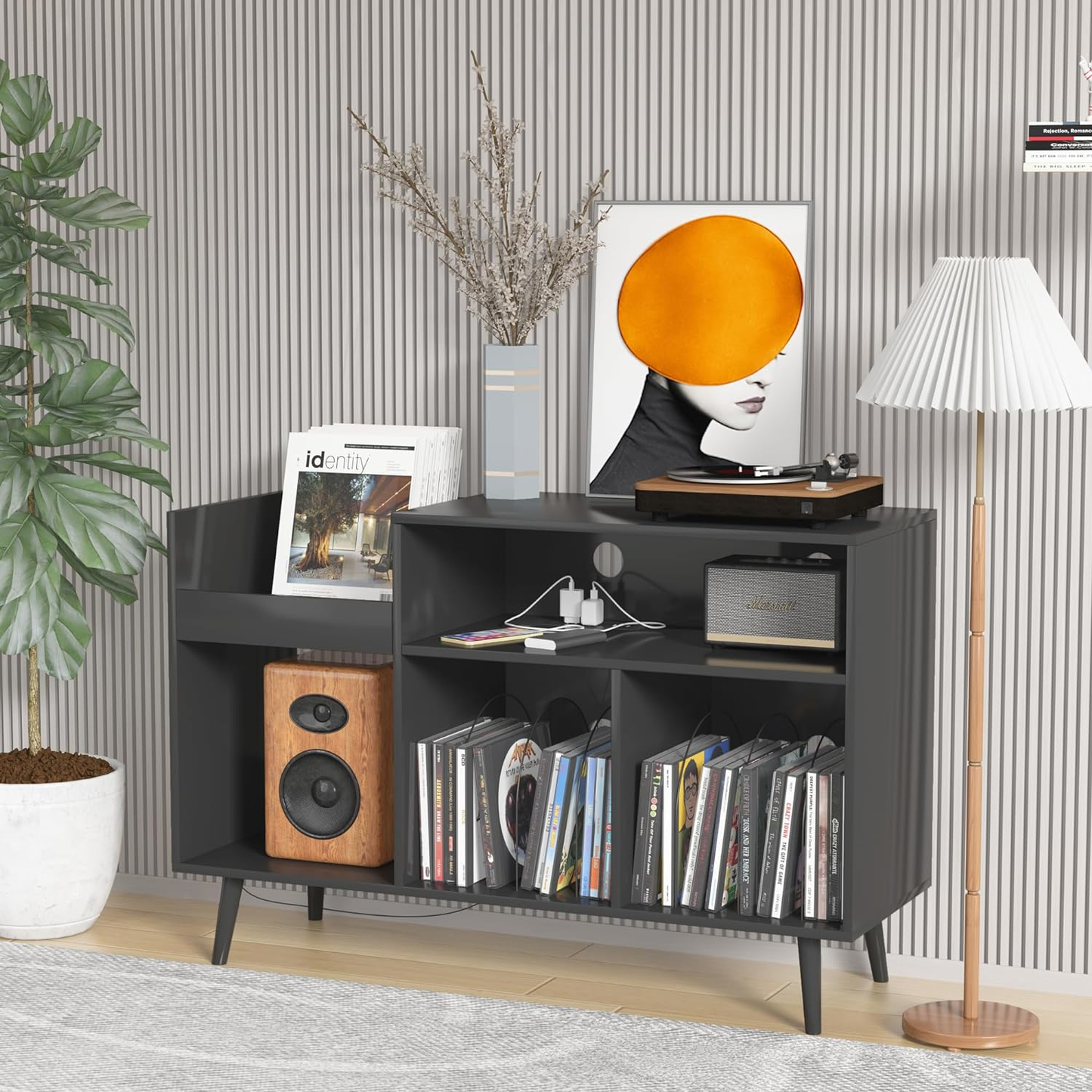 Vinyl Record Storage Cabinet with Power Outlet Stand