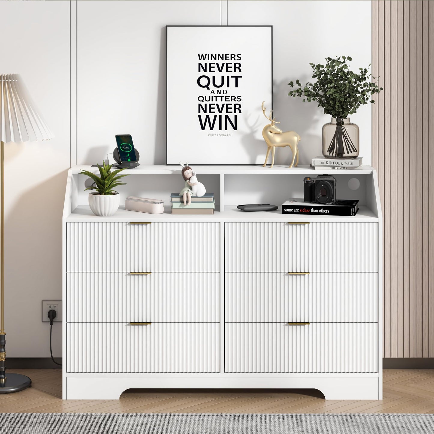 6 Drawer Dresser with Charging Station Fluted for Bedroom, Living Room
