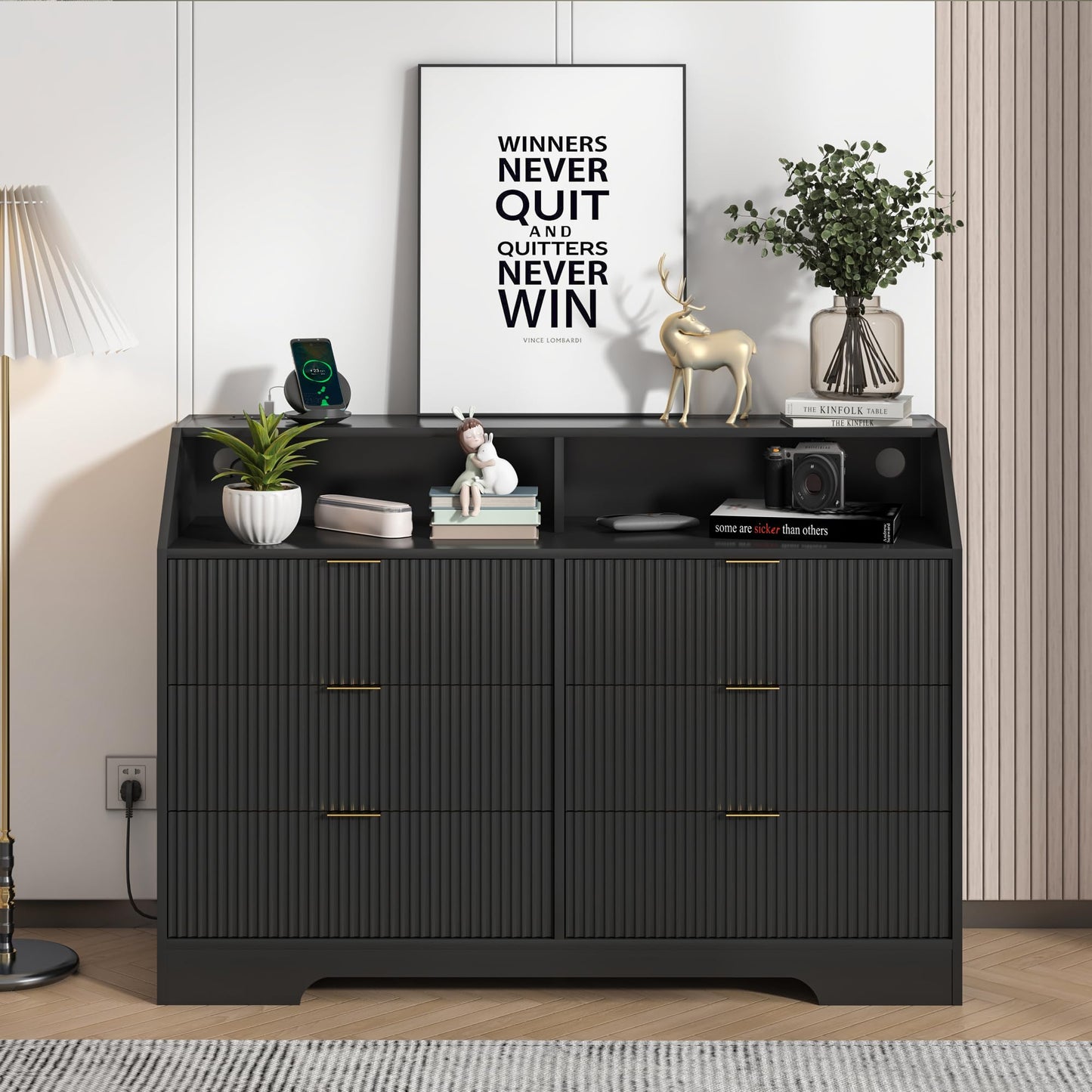 6 Drawer Dresser with Charging Station Fluted for Bedroom, Living Room