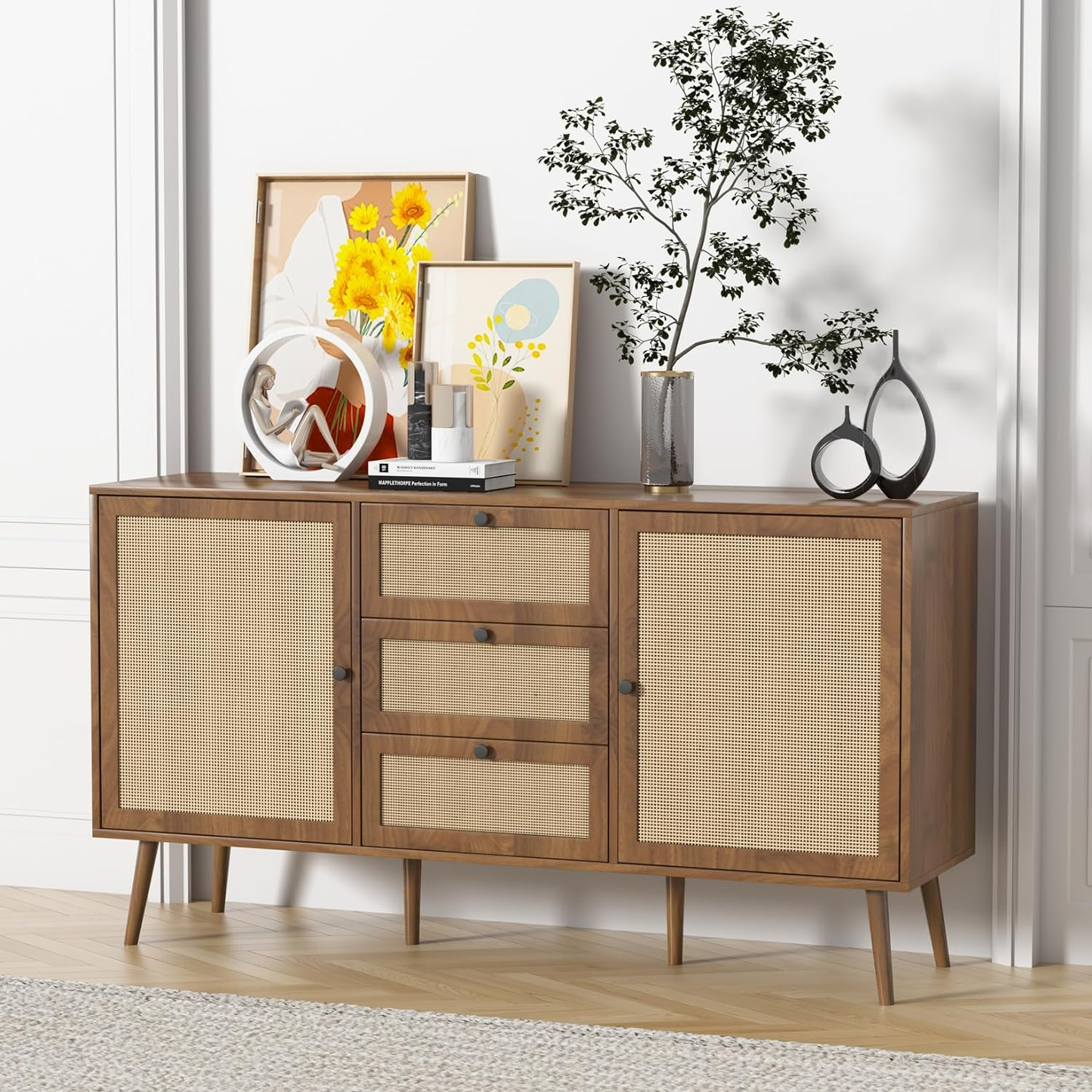 Rattan Storage Cabinet with 2 Doors and 3 Drawers