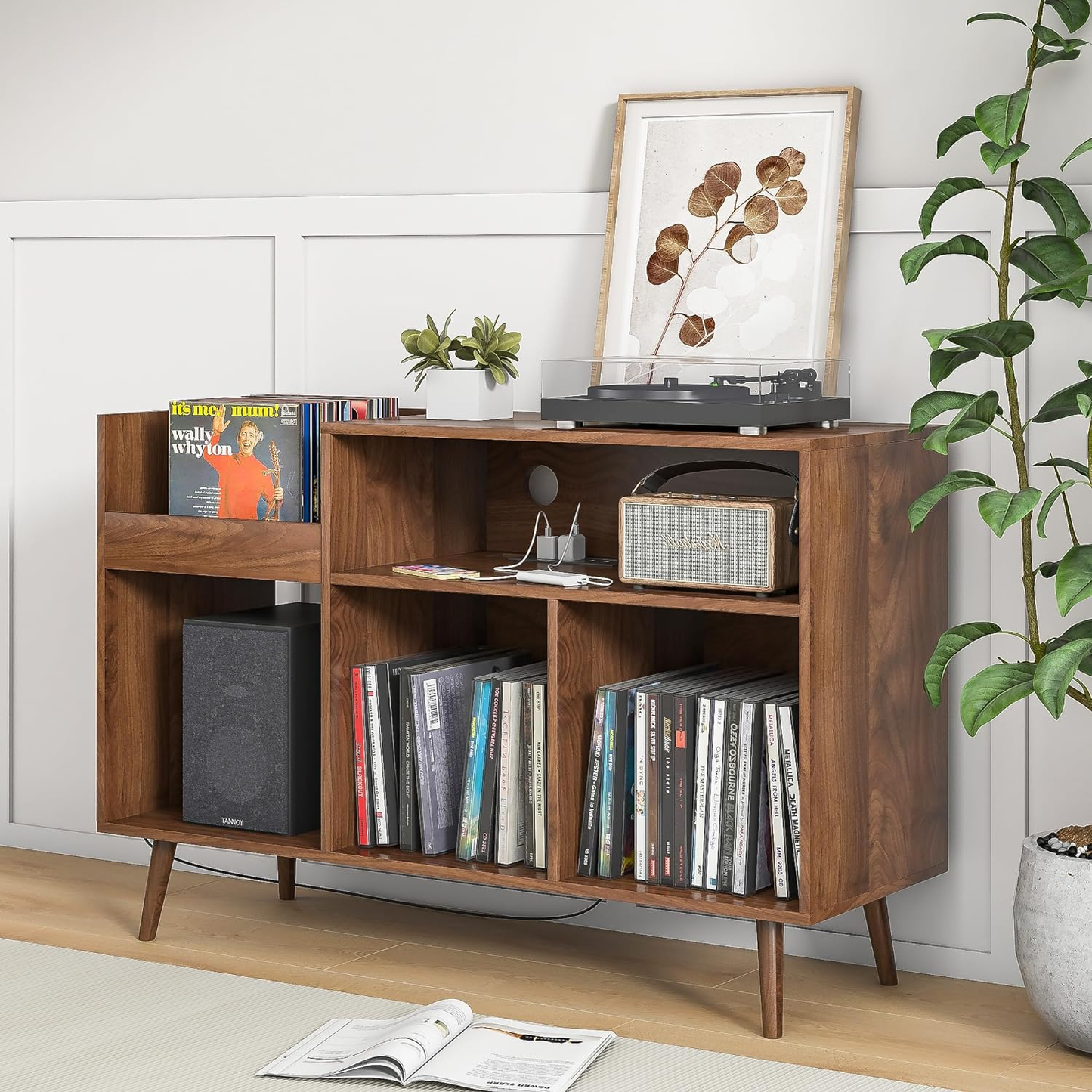 Vinyl Record Storage Cabinet with Power Outlet Stand
