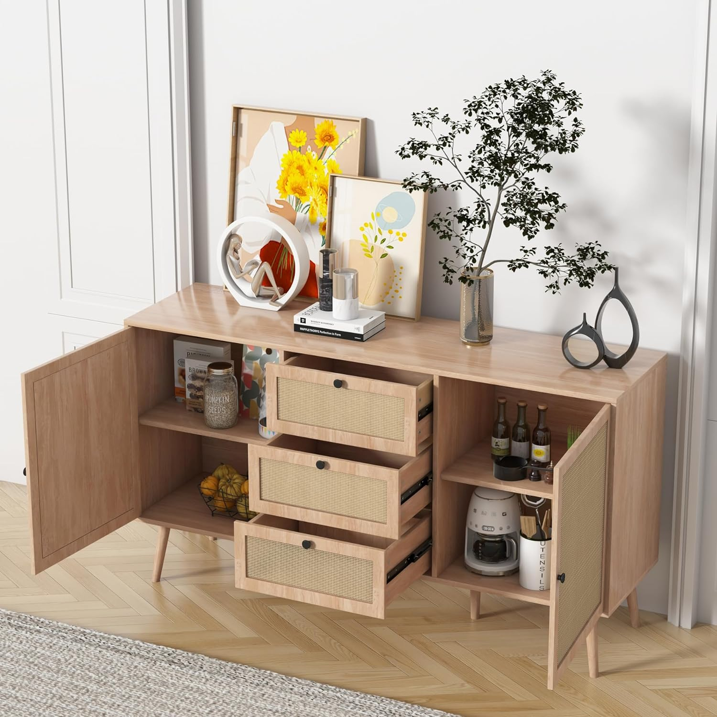 Rattan Storage Cabinet with 2 Doors and 3 Drawers
