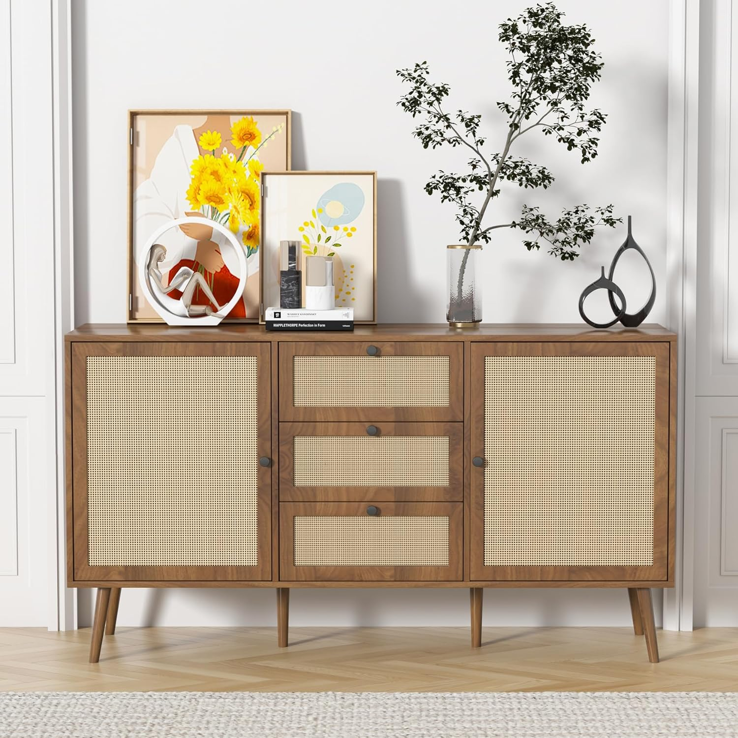 Rattan Storage Cabinet with 2 Doors and 3 Drawers