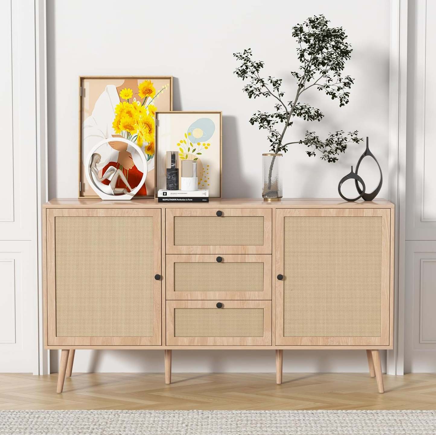 Rattan Storage Cabinet with 2 Doors and 3 Drawers