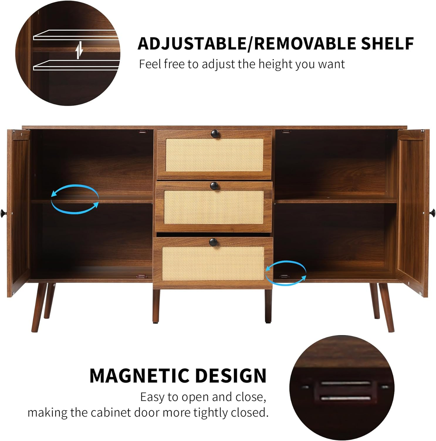 Rattan Storage Cabinet with 2 Doors and 3 Drawers