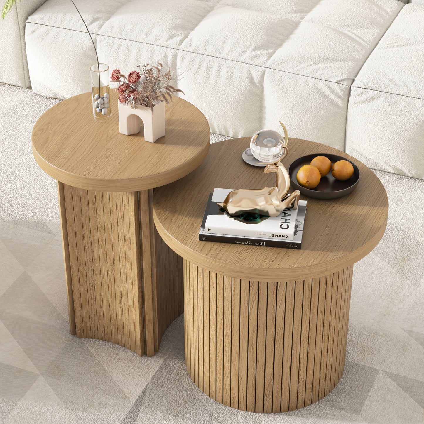 Nesting Coffee Table Set of 2, Round Wooden Coffee Table for Living Room