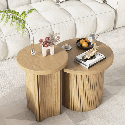 Nesting Coffee Table Set of 2, Round Wooden Coffee Table for Living Room