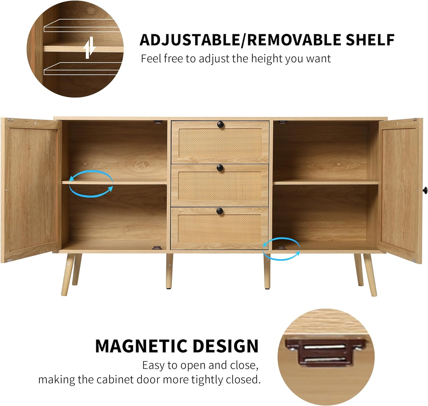 Rattan Storage Cabinet with 2 Doors and 3 Drawers