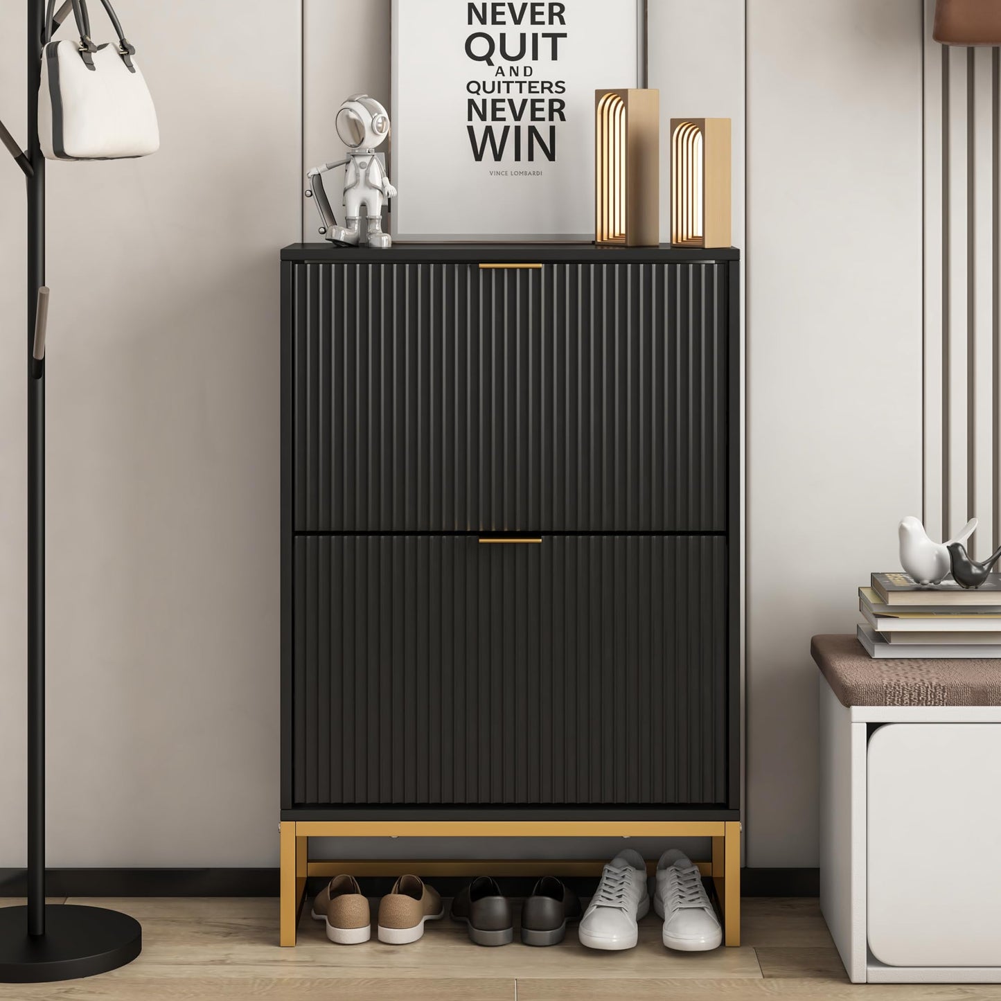 Shoe Cabinet Storage with 2 Flip Drawers Fluted Panel