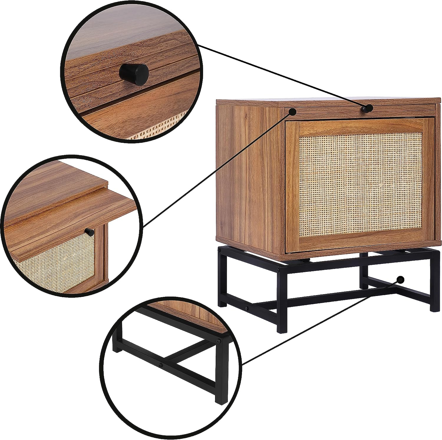 Rattan Door Nightstand with Telescopic Tray Boho Storage End Table Rattan Cabinet Sofa Side Table Night Stand for Bedroom, Living Room