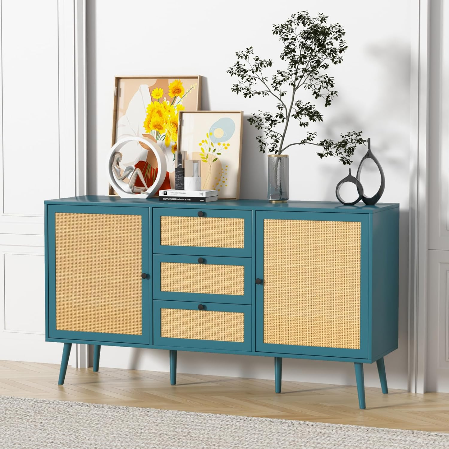 Rattan Storage Cabinet with 2 Doors and 3 Drawers