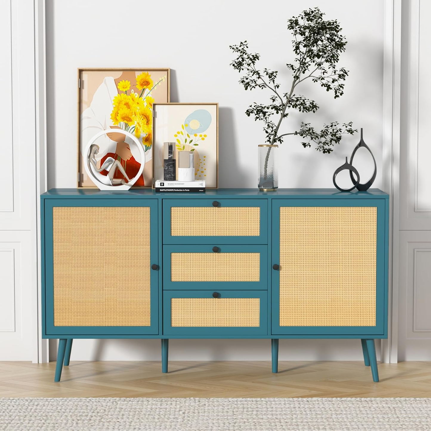 Rattan Storage Cabinet with 2 Doors and 3 Drawers