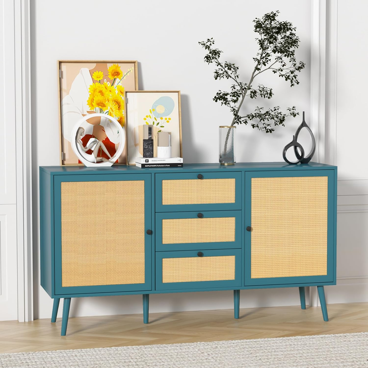 Rattan Storage Cabinet with 2 Doors and 3 Drawers