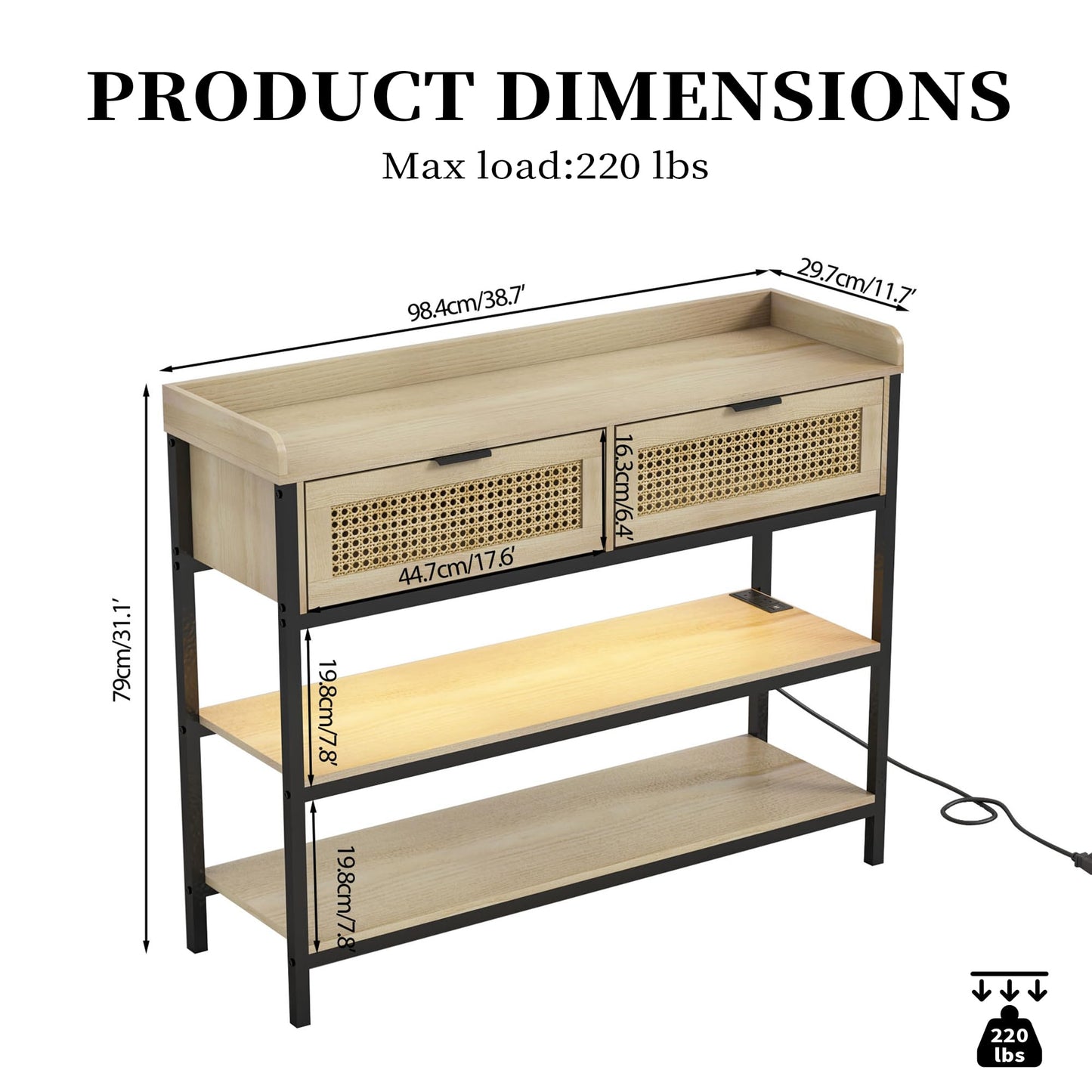 Console Table with Rattan Drawers, Outlets and USB Ports