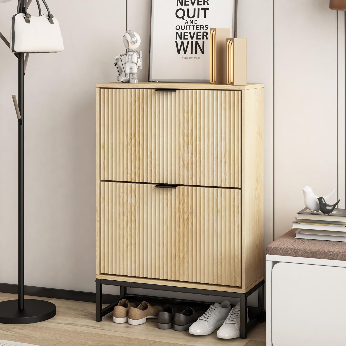 Shoe Cabinet Storage with 2 Flip Drawers Fluted Panel