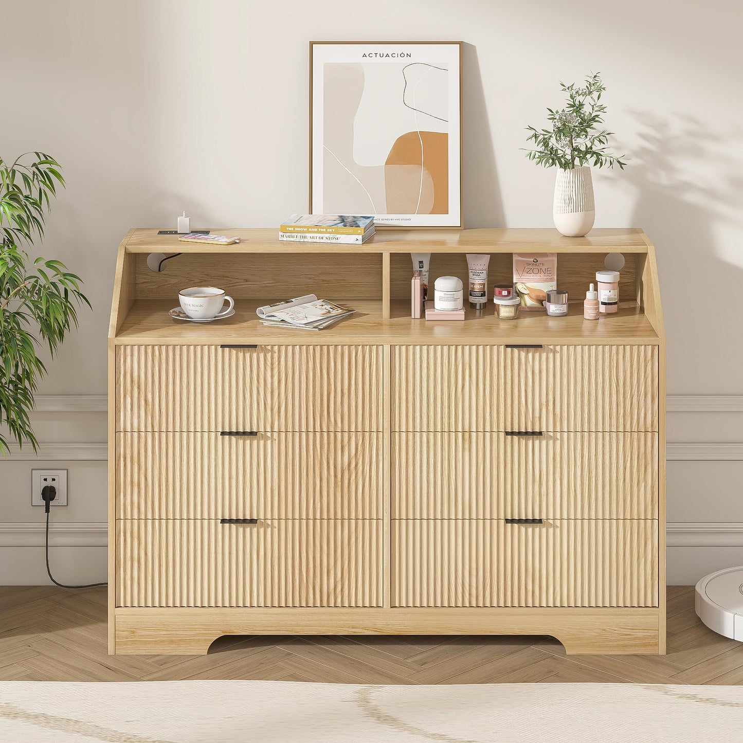 6 Drawer Dresser with Charging Station Fluted for Bedroom, Living Room