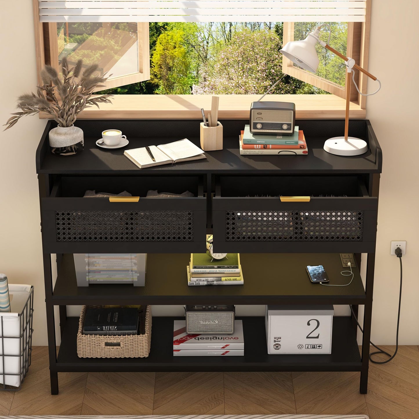 Console Table with Rattan Drawers, Outlets and USB Ports