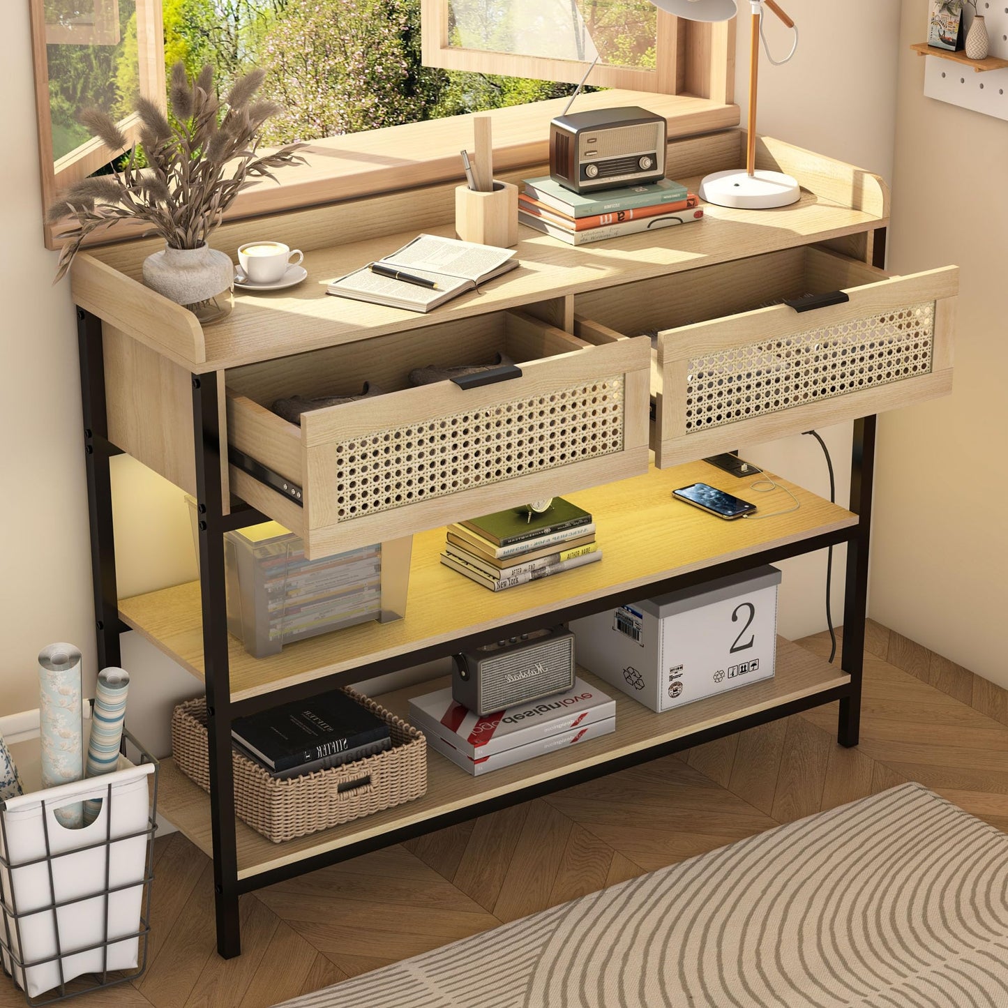Console Table with Rattan Drawers, Outlets and USB Ports