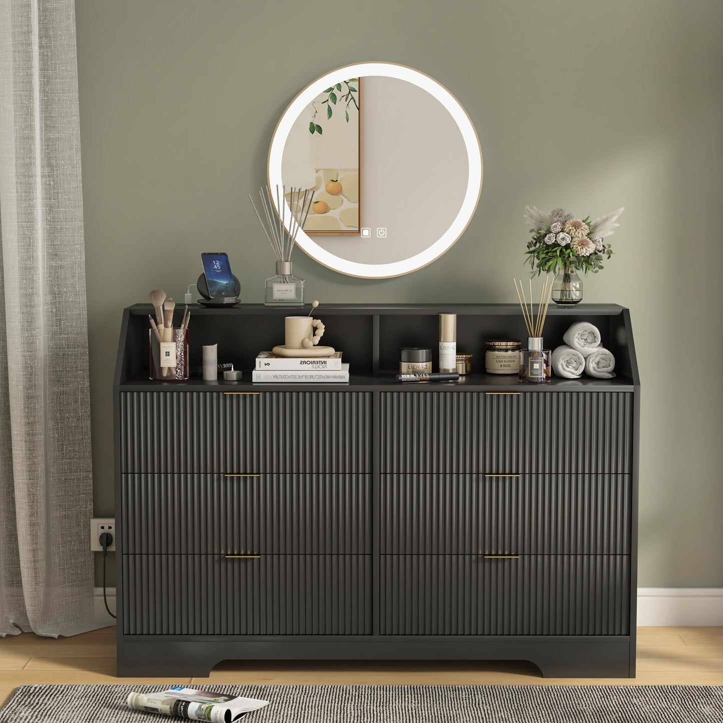 6 Drawer Dresser with Charging Station Fluted for Bedroom, Living Room