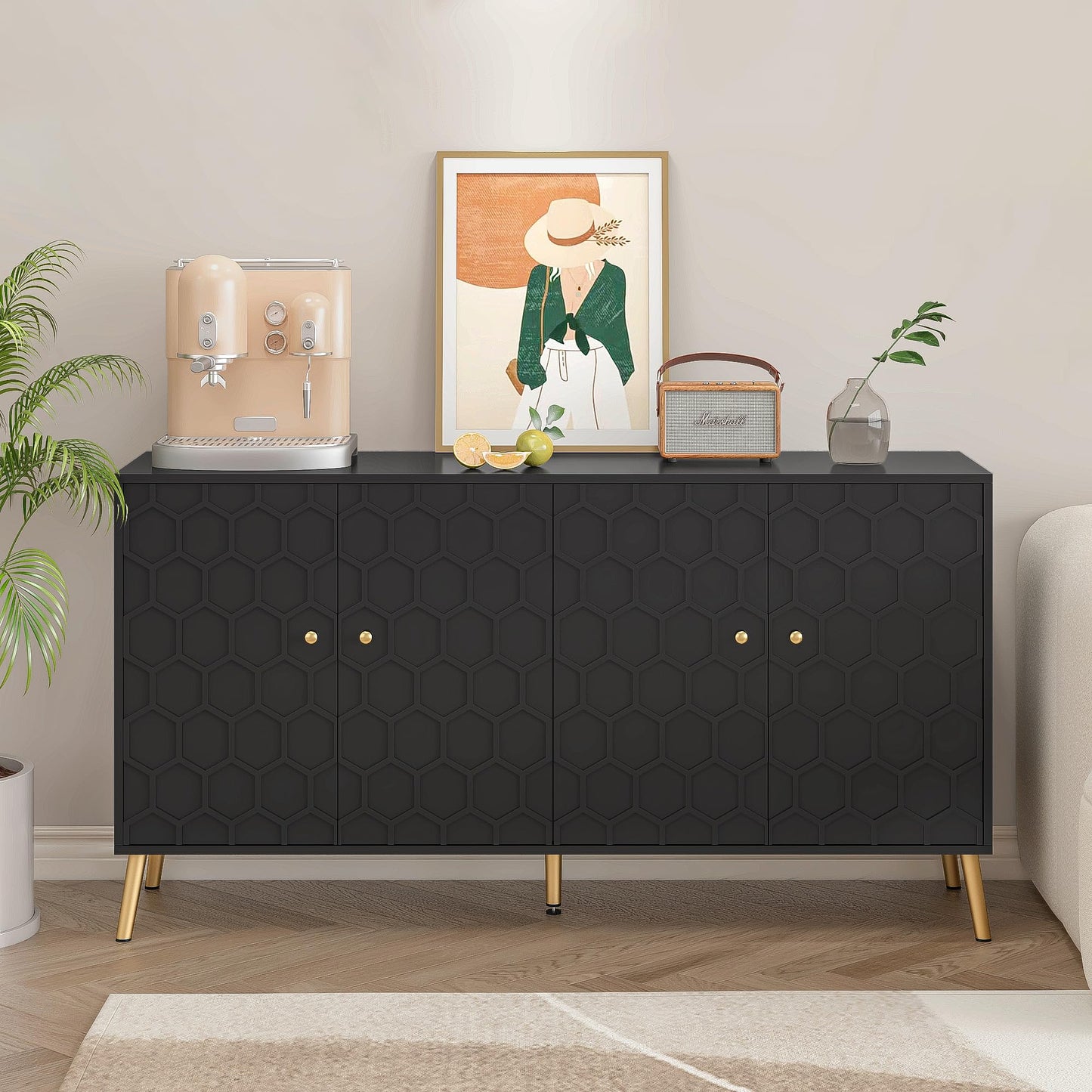 Modern Buffet Sideboard Storage Cabinet with Hexagon Pattern