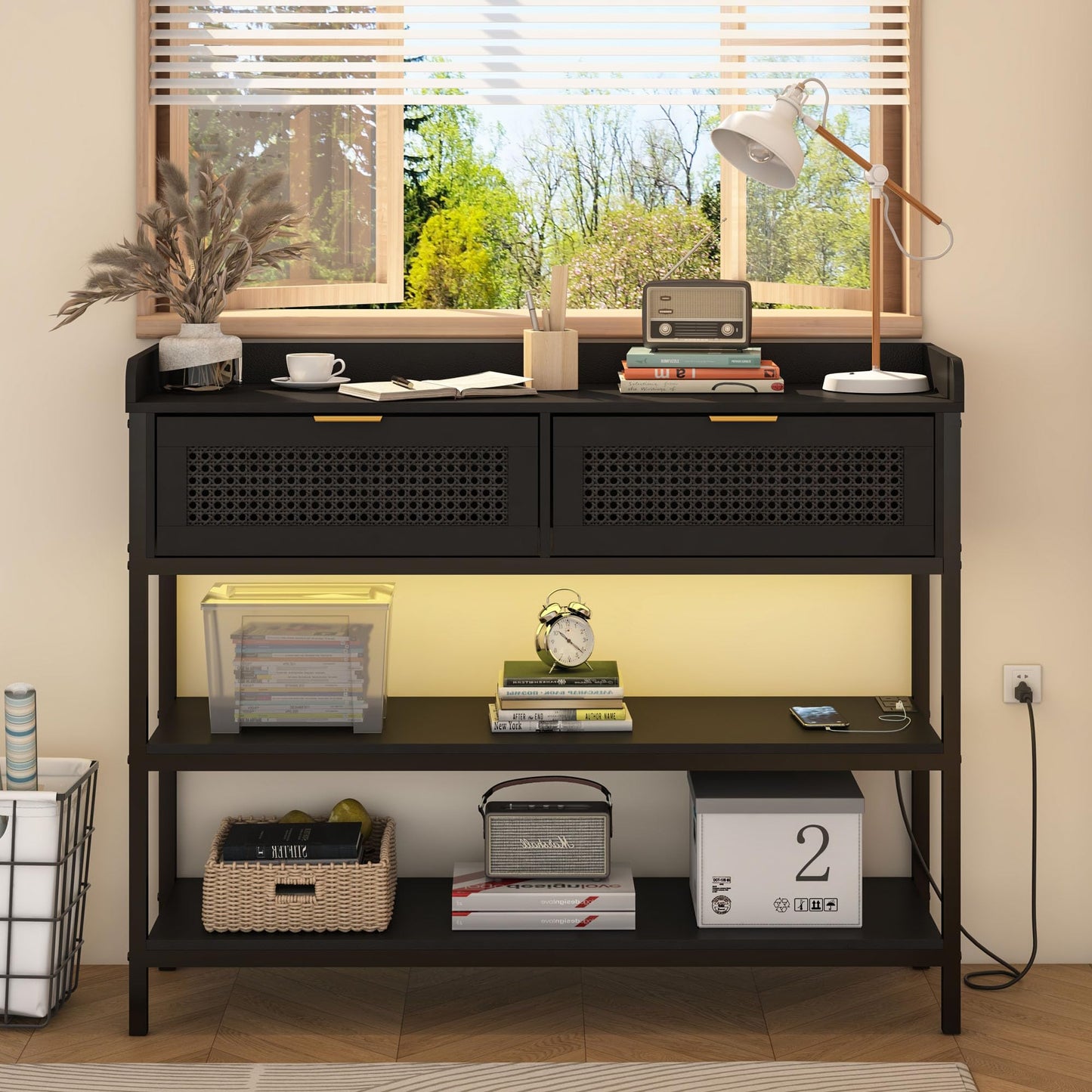 Console Table with Rattan Drawers, Outlets and USB Ports