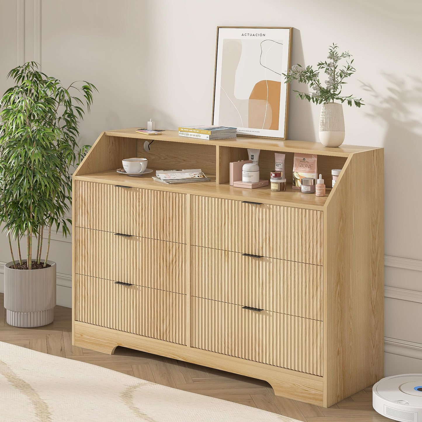 6 Drawer Dresser with Charging Station Fluted for Bedroom, Living Room