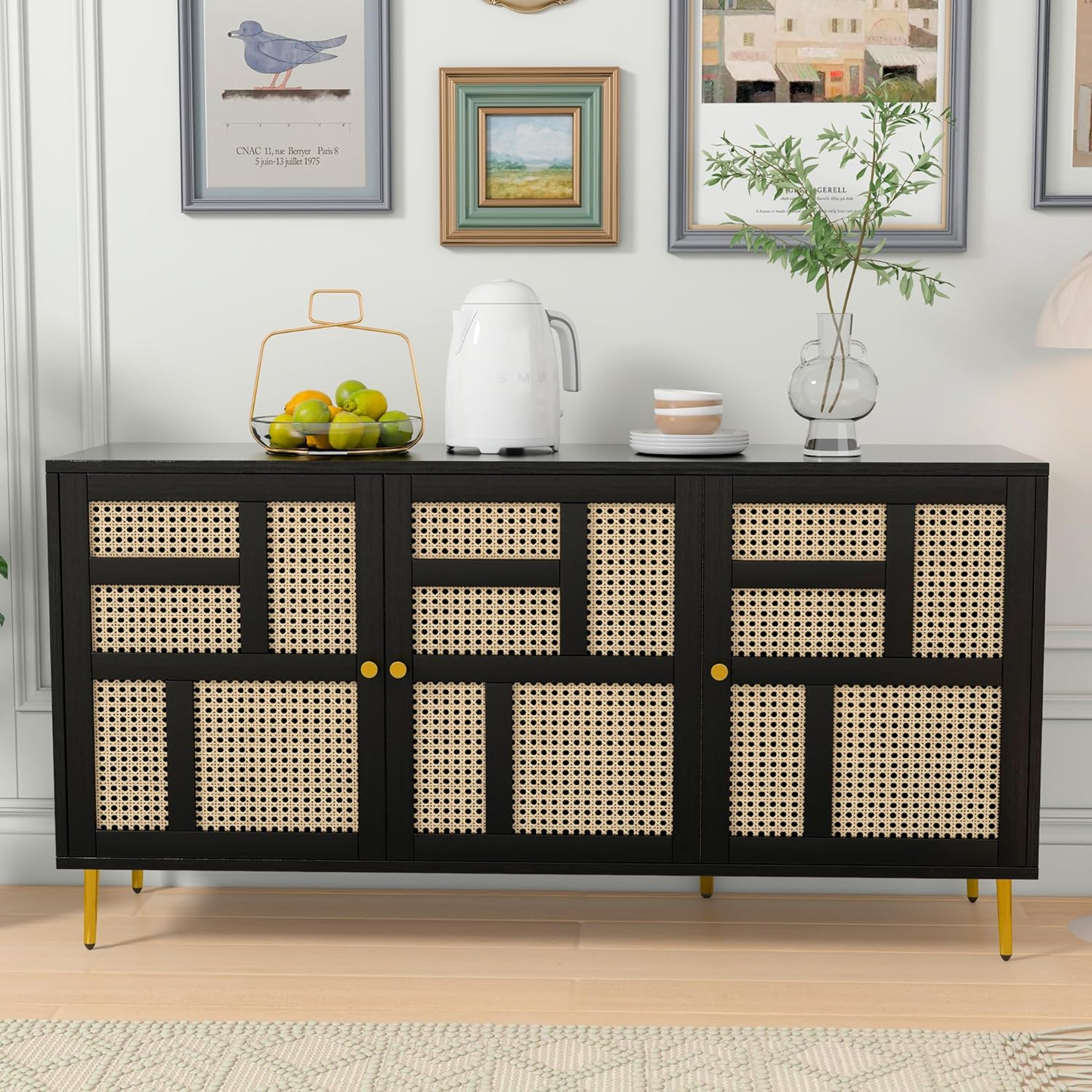 Rattan Sideboard Buffet Cabinet with 3 Doors