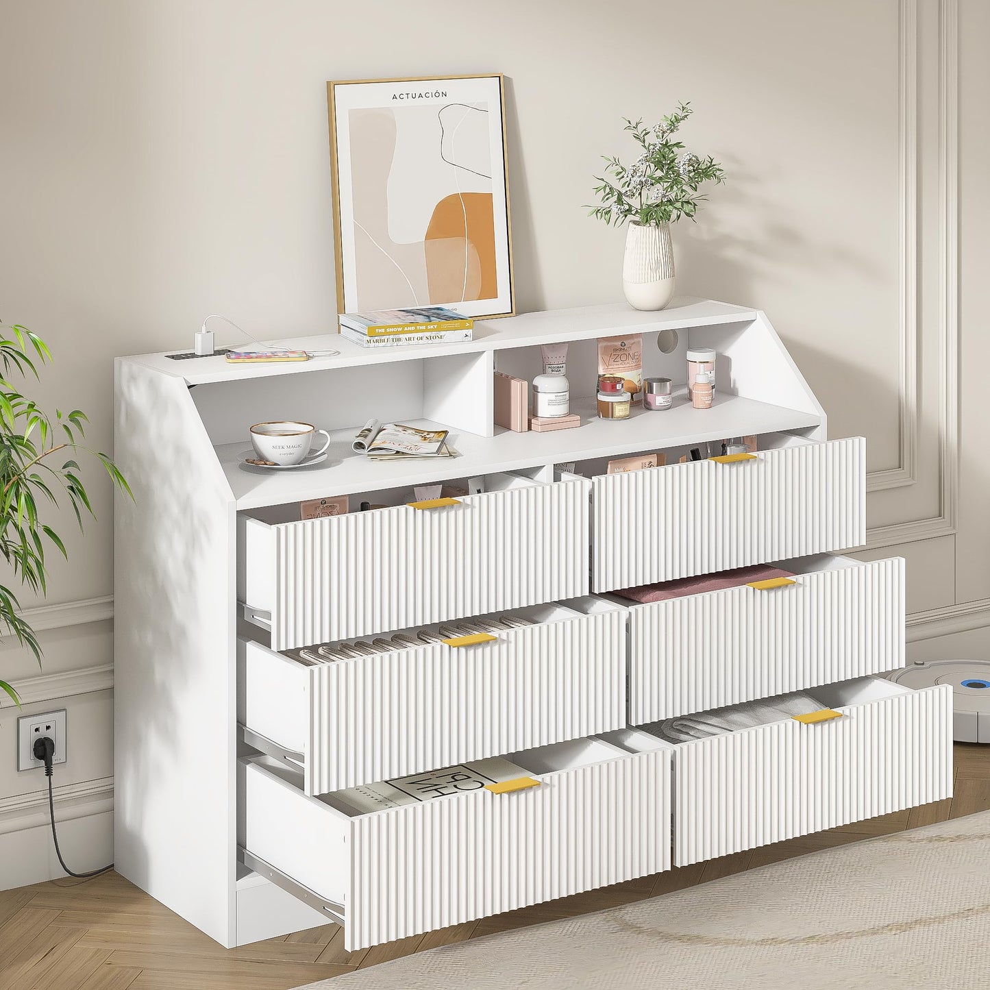 6 Drawer Dresser with Charging Station Fluted for Bedroom, Living Room