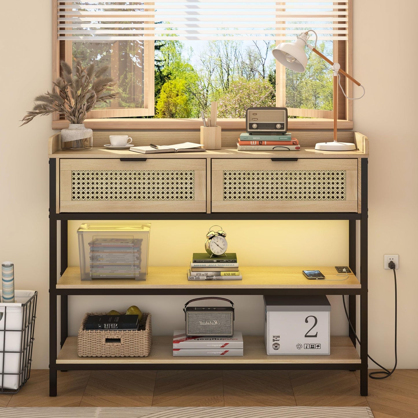Console Table with Rattan Drawers, Outlets and USB Ports
