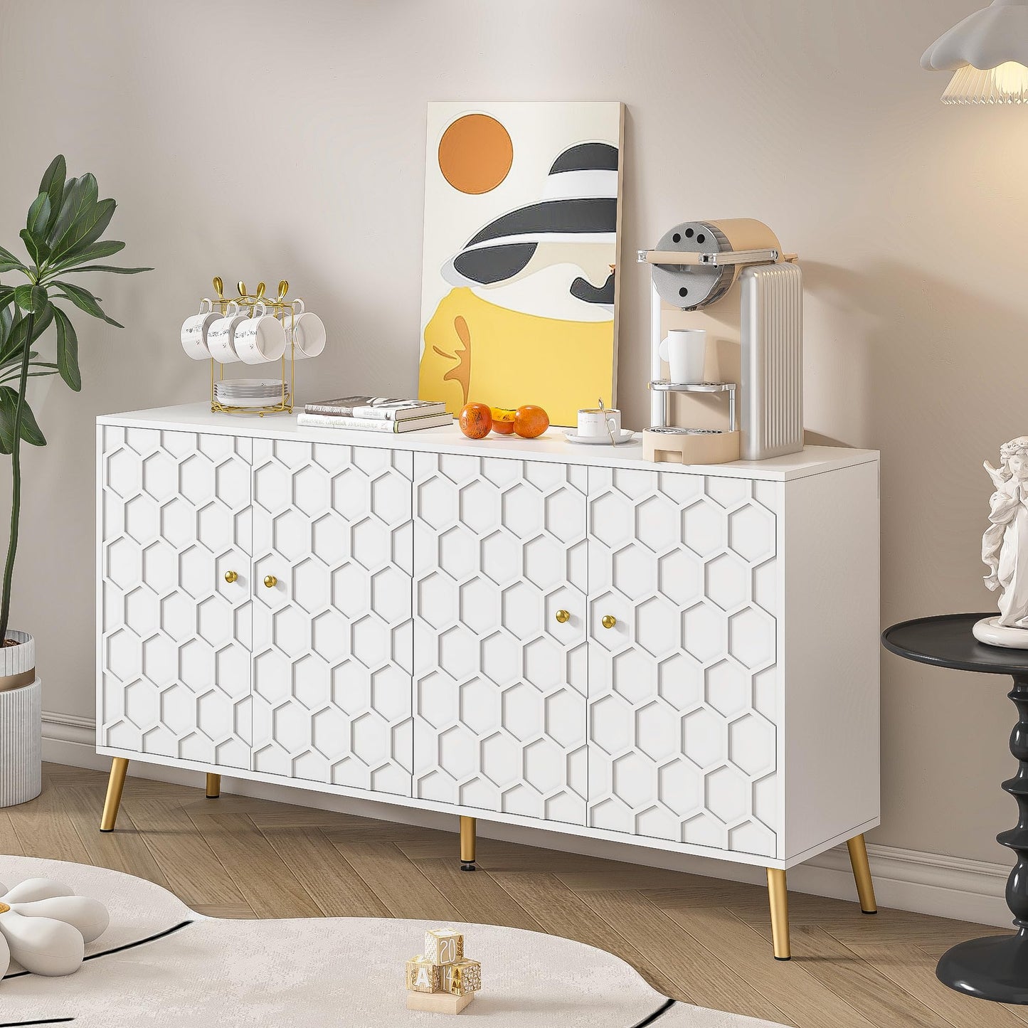 Modern Buffet Sideboard Storage Cabinet with Hexagon Pattern