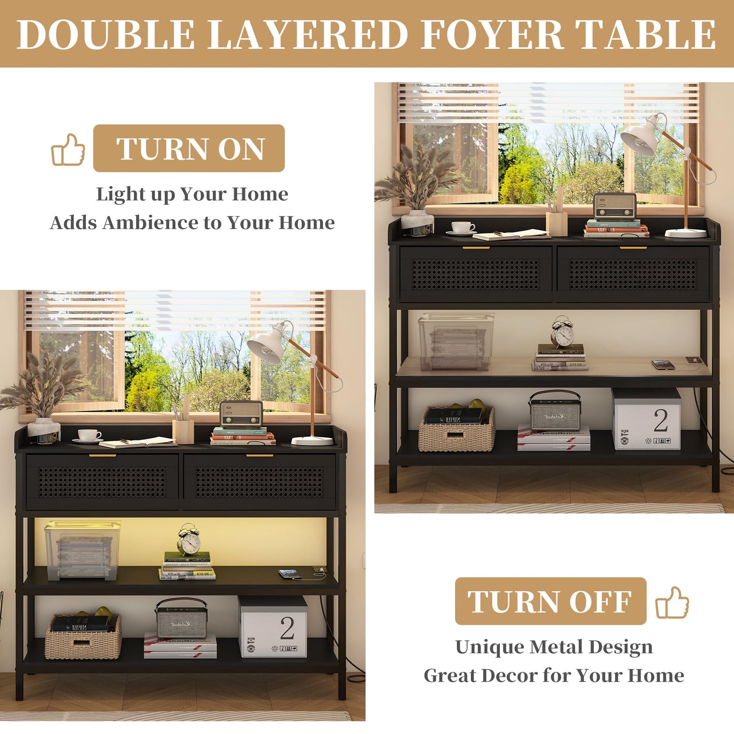 Console Table with Rattan Drawers, Outlets and USB Ports