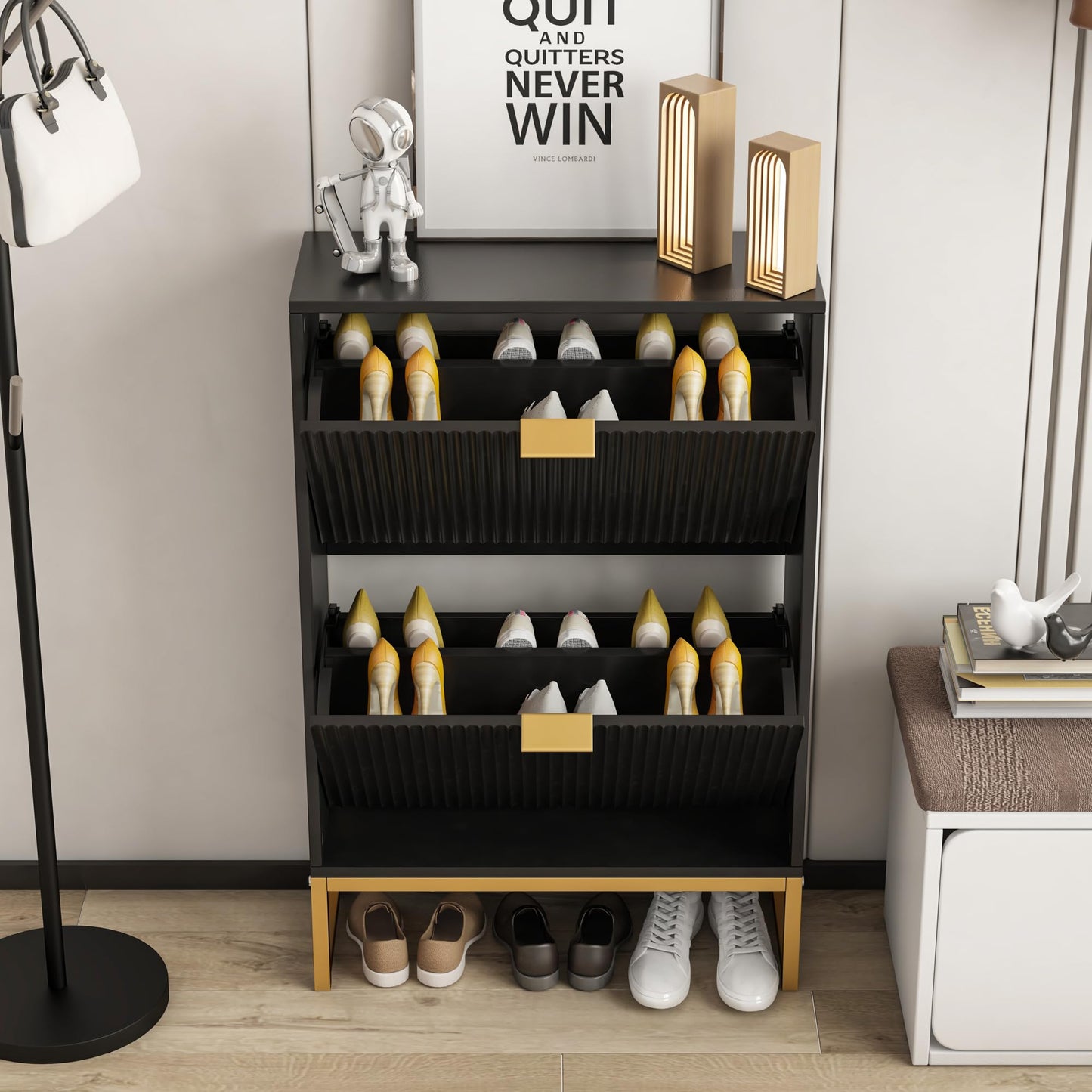Shoe Cabinet Storage with 2 Flip Drawers Fluted Panel