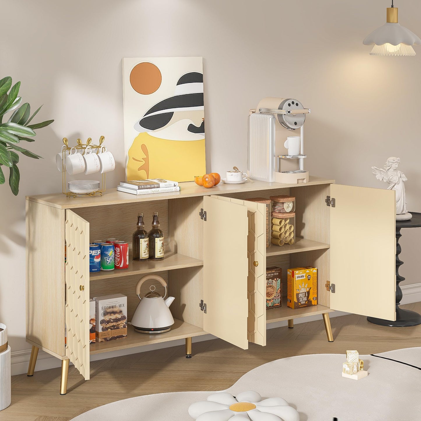 Modern Buffet Sideboard Storage Cabinet with Hexagon Pattern