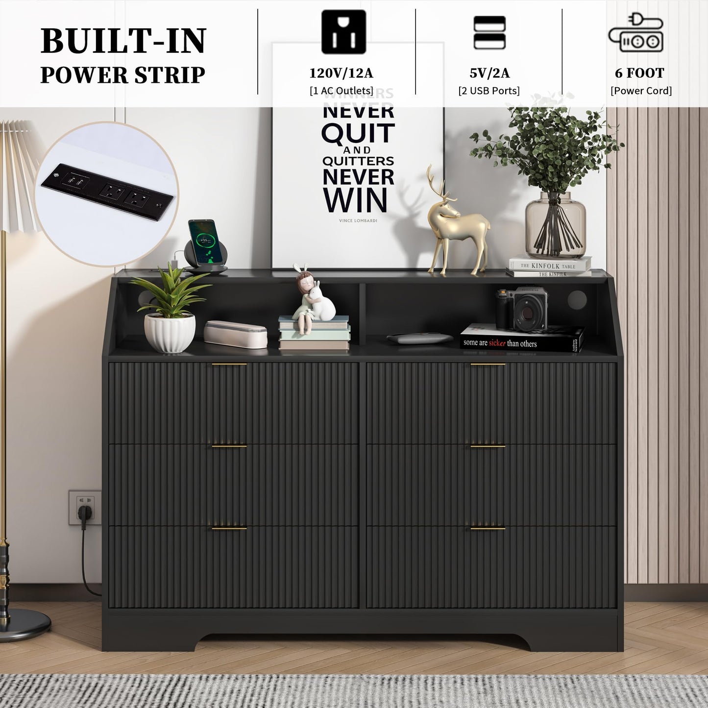 6 Drawer Dresser with Charging Station Fluted for Bedroom, Living Room