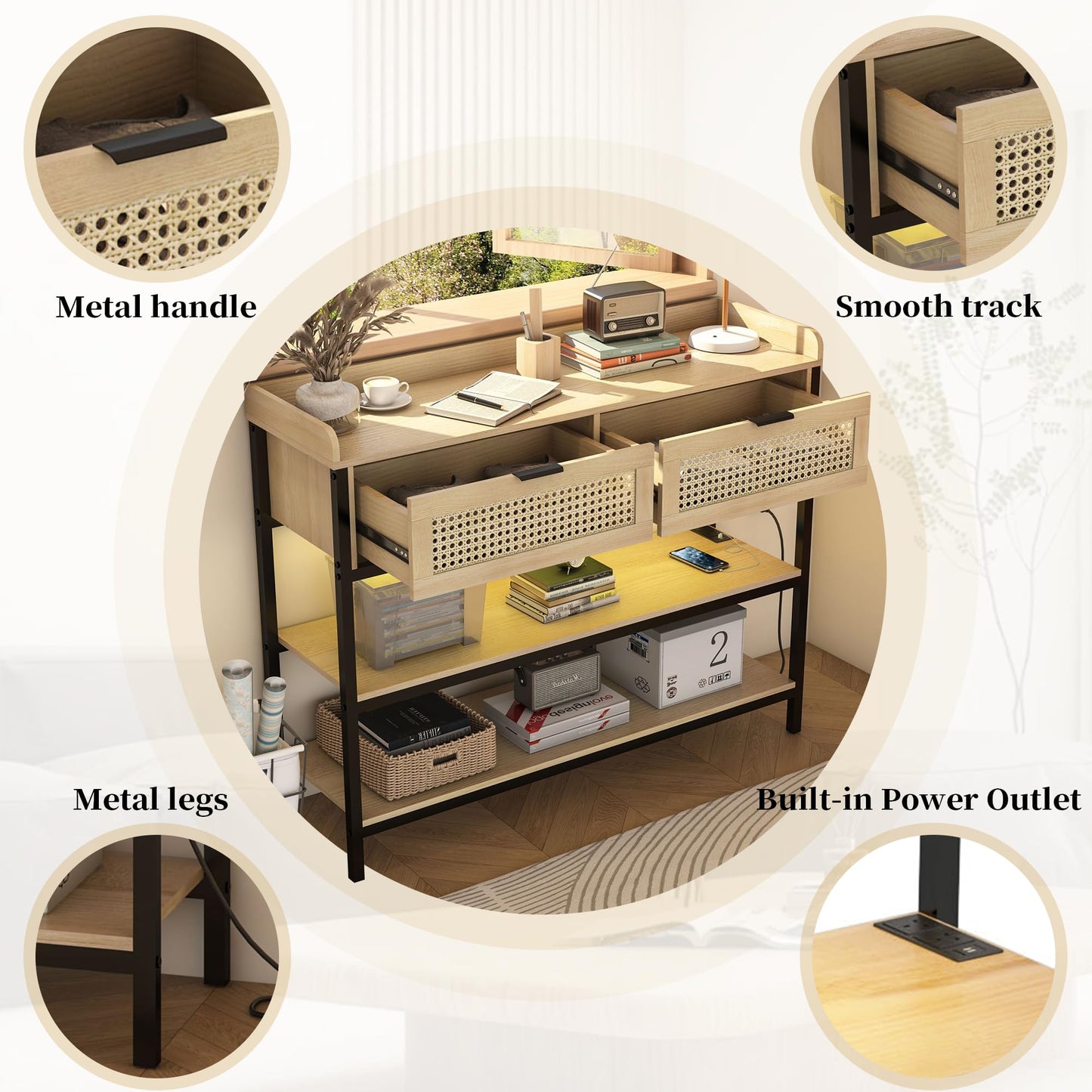 Console Table with Rattan Drawers, Outlets and USB Ports