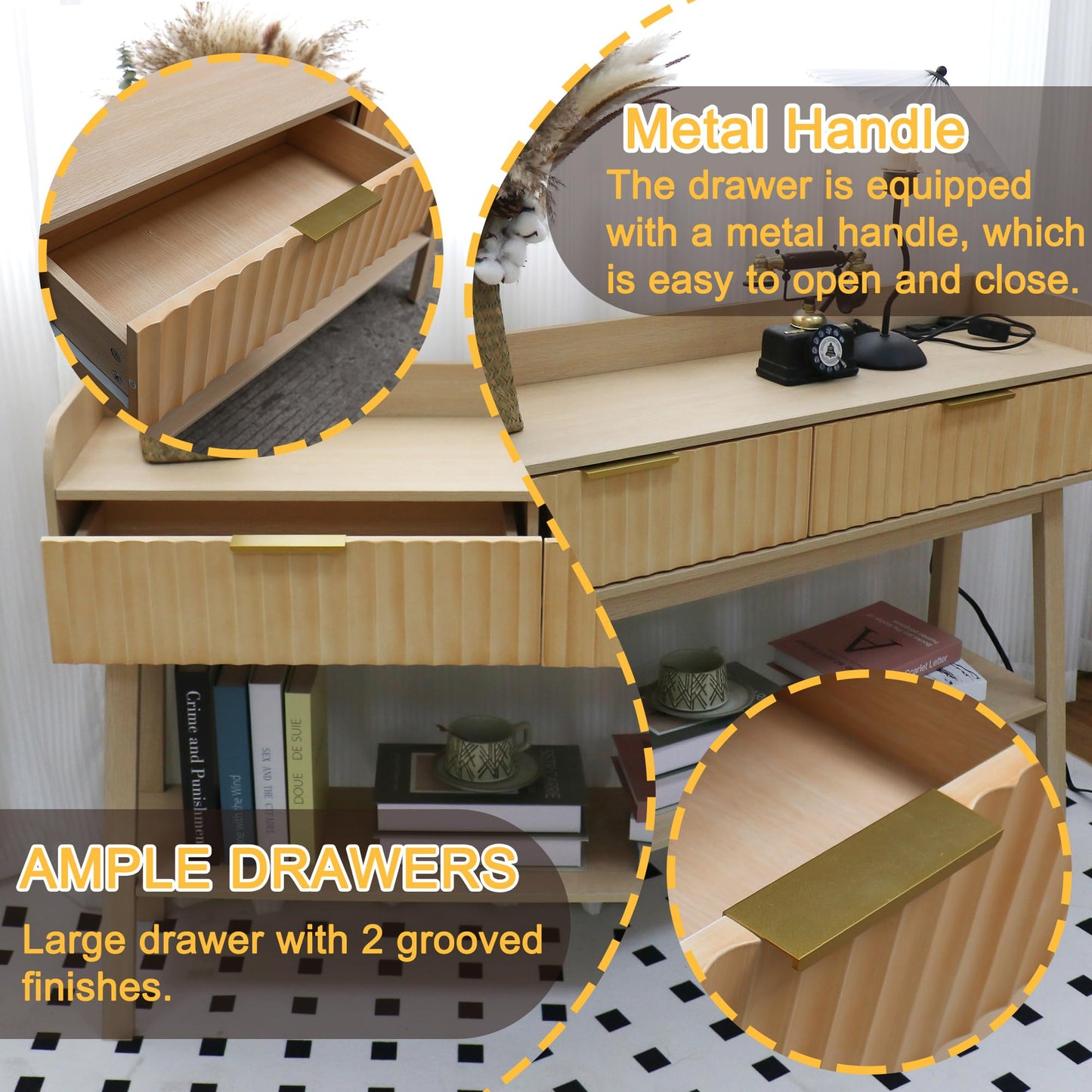 Console Table with 2 Drawers Storage, Outlets and USB Ports Charging Station