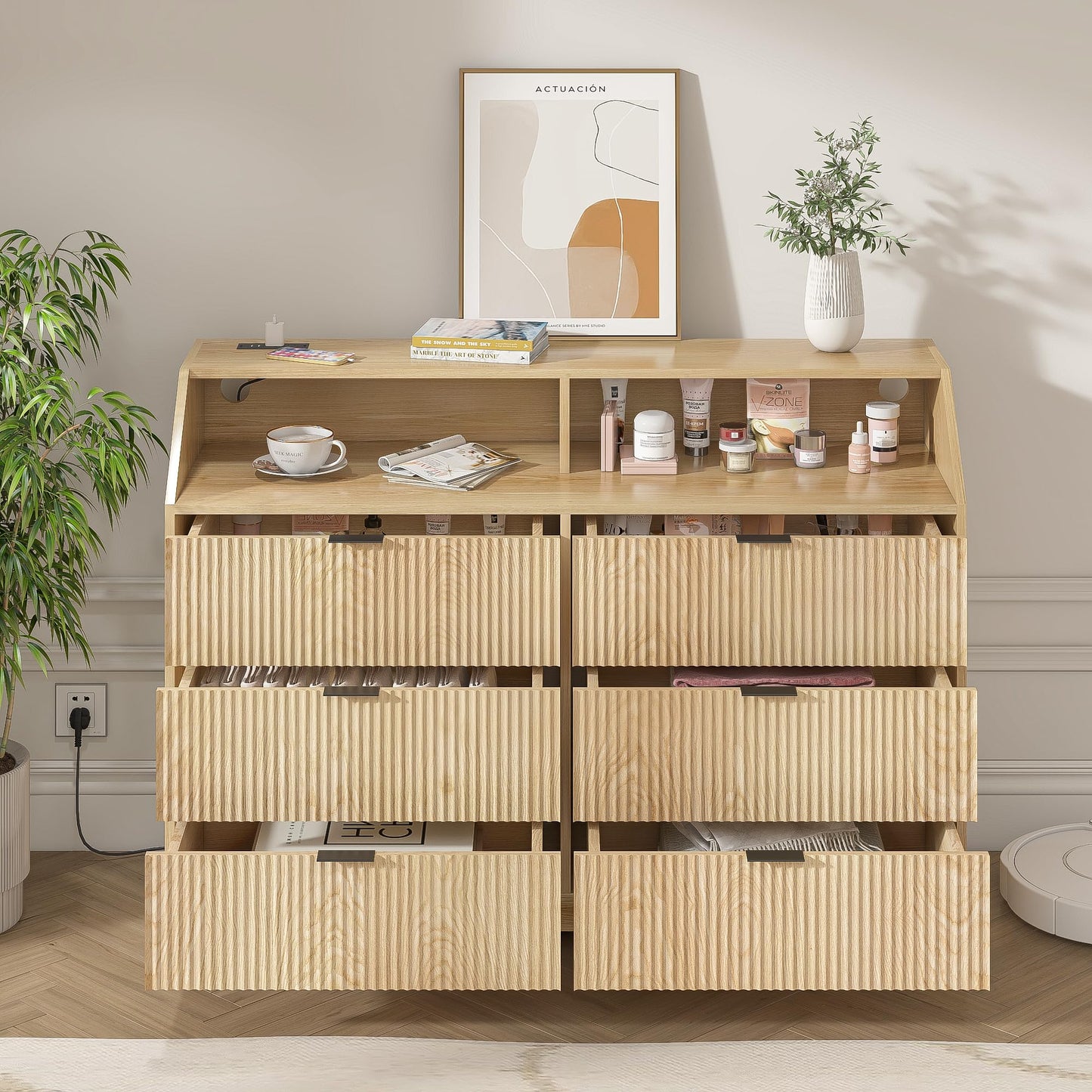 6 Drawer Dresser with Charging Station Fluted for Bedroom, Living Room