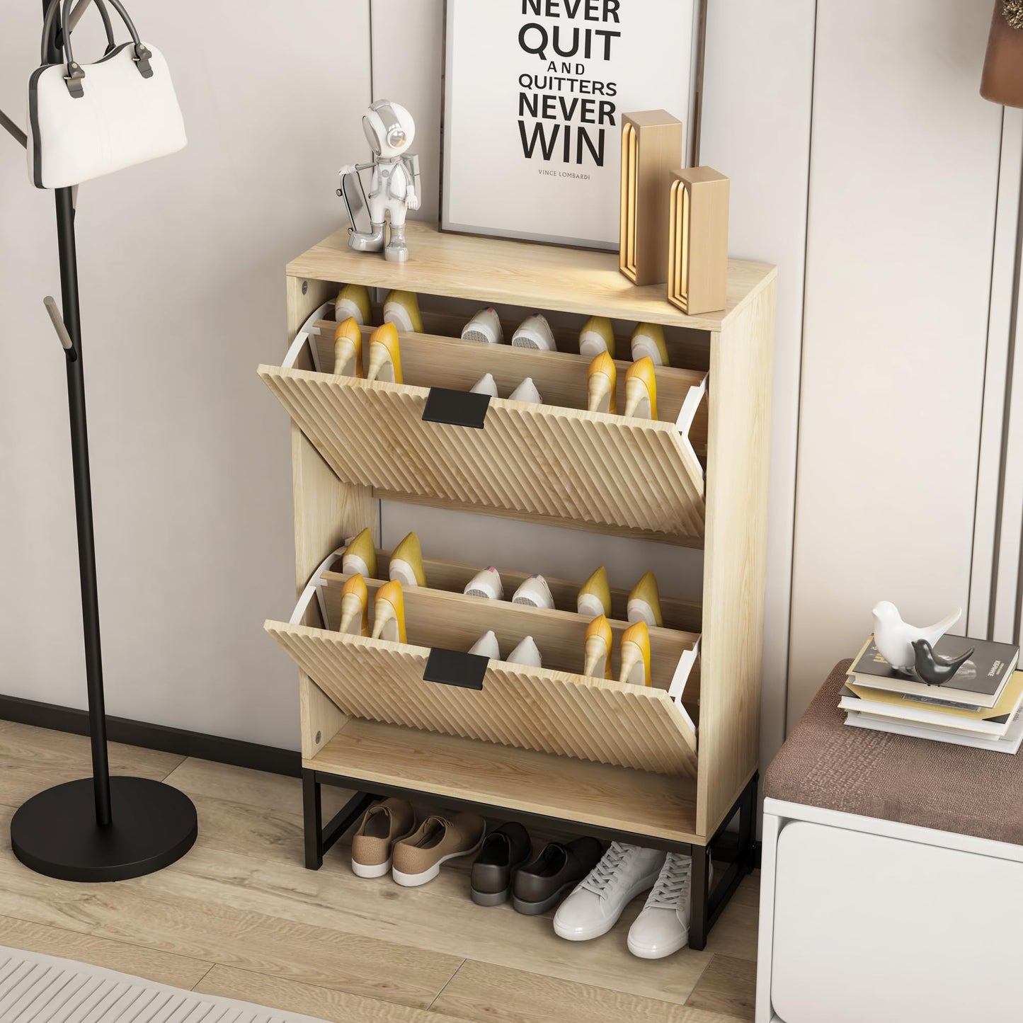 Shoe Cabinet Storage with 2 Flip Drawers Fluted Panel