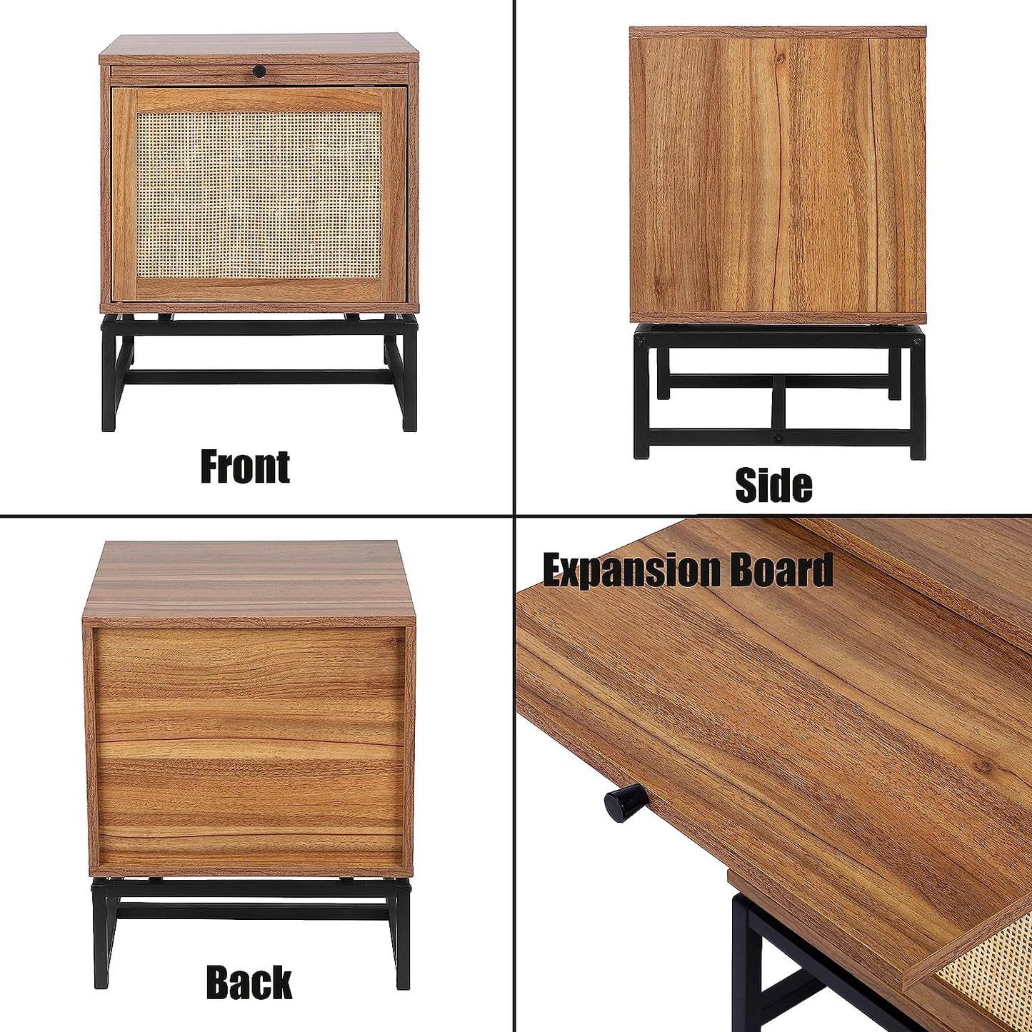 Rattan Door Nightstand with Telescopic Tray Boho Storage End Table Rattan Cabinet Sofa Side Table Night Stand for Bedroom, Living Room