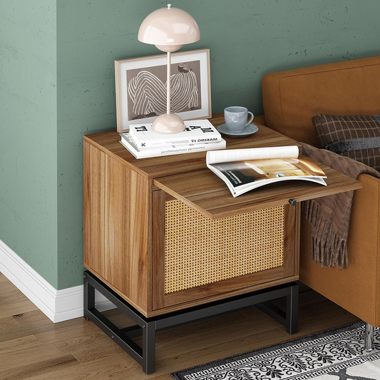 Rattan Door Nightstand with Telescopic Tray Boho Storage End Table Rattan Cabinet Sofa Side Table Night Stand for Bedroom, Living Room