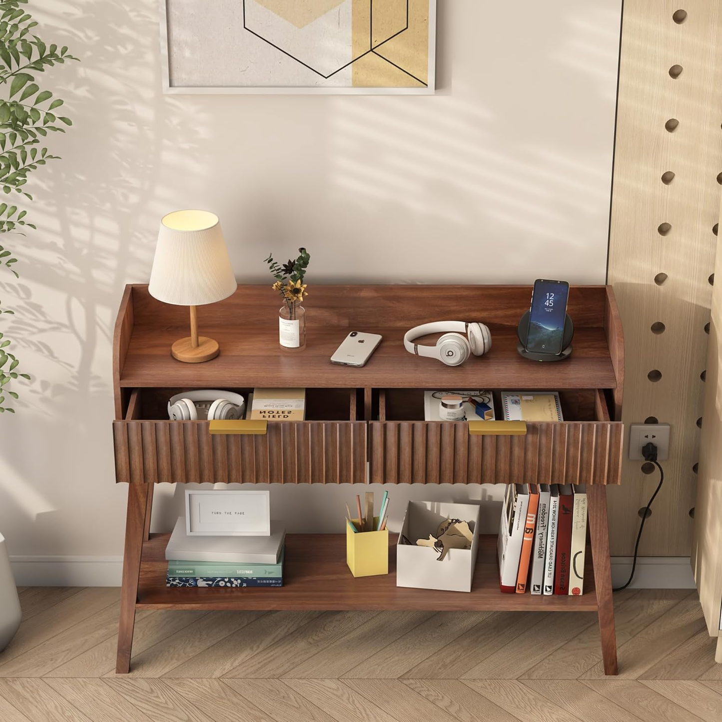 Console Table with 2 Drawers Storage, Outlets and USB Ports Charging Station